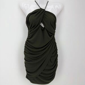 Zara Olive Green Ruched Halter Cutout Mini Dress 8564/408/507 Womens S Layered